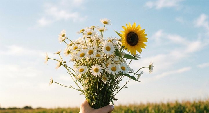 A hand holding a bunch of daisies and a sunflower against a blue sky